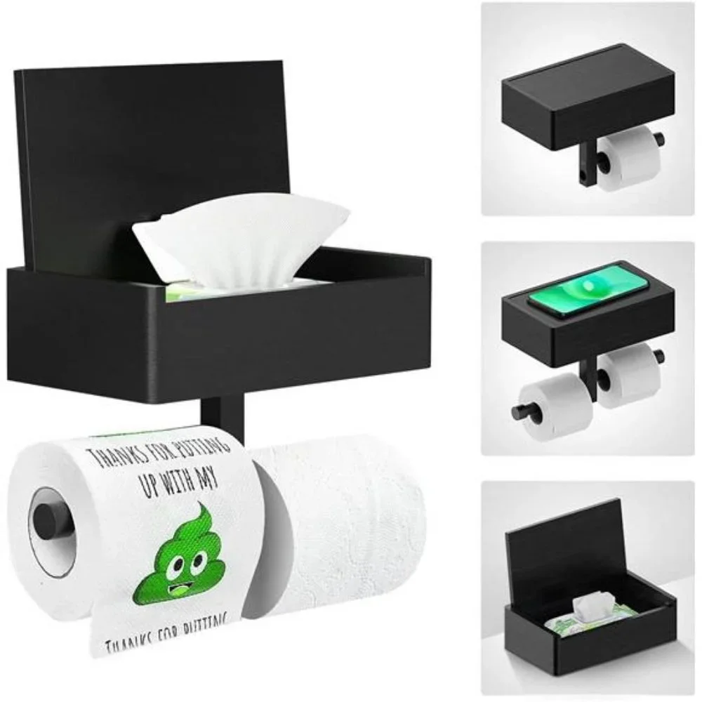 Toilet Paper Holder w/ Shelf and Storage, Wipes Dispenser Wall Mount Matte Black